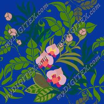 tropical leaves and flowers on royal blue