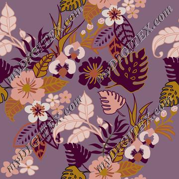 Magical jungle Tropical flowers on purple