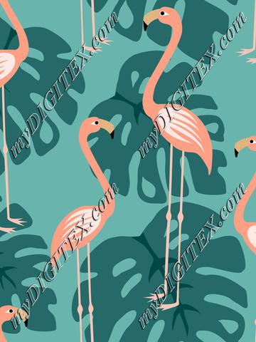 Pink flamingoes and tropical leaves