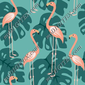 Pink flamingoes and tropical leaves