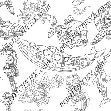 Steampunk Sea Creatures Coloring