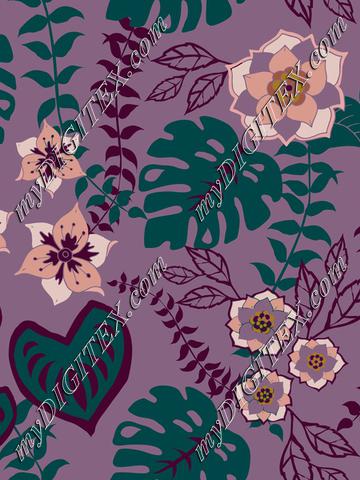 Tropical flowers, leaves and vines on purple