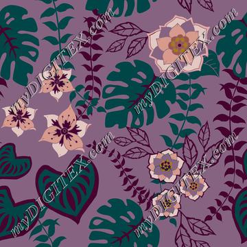 Tropical flowers, leaves and vines on purple