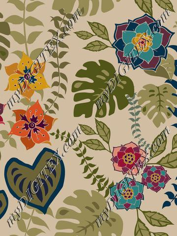 Tropical flowers, leaves and vines on neutral