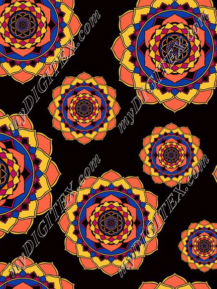 Mandalas, sun, floral, orange on black