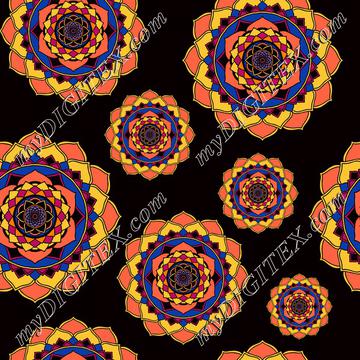 Mandalas, sun, floral, orange on black