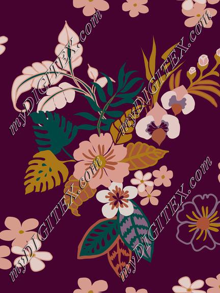 Tropical leaves, flowers and plants on purple