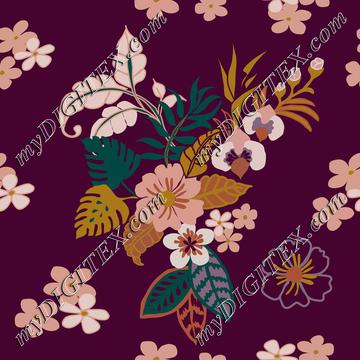 Tropical leaves, flowers and plants on purple