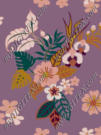 Tropical leaves, flowers and plants on llight purple