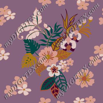 Tropical leaves, flowers and plants on llight purple