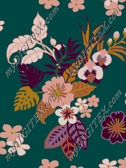 Tropical leaves, flowers and plants on quetzal green