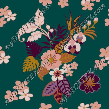 Tropical leaves, flowers and plants on quetzal green