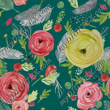 Beautiful Floral Watercolor teal bg.