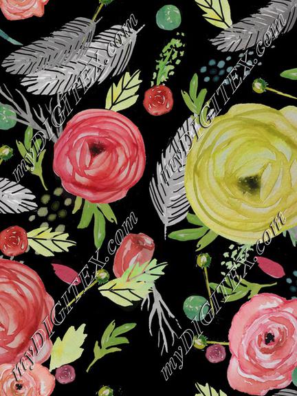 Beautiful Watercolor Floral black bg.