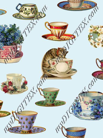 Vintage Tea And Cat Pattern