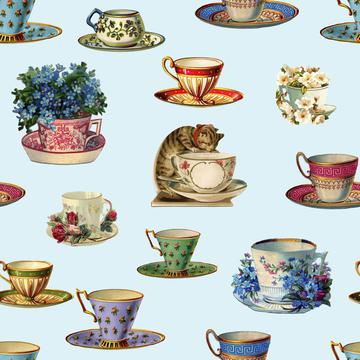 Vintage Tea And Cat Pattern