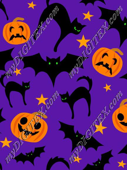 Halloween pattern pumpkins, pats and cats on purple