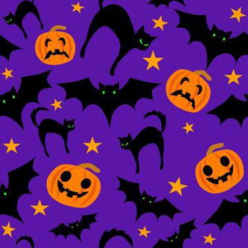 Halloween pattern pumpkins, pats and cats on purple