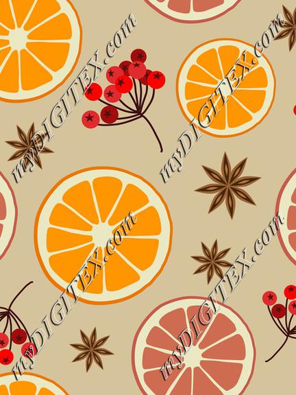 Winter Christmas Pattern with Oranges and Berries on Natural