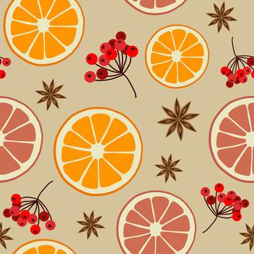 Winter Christmas Pattern with Oranges and Berries on Natural