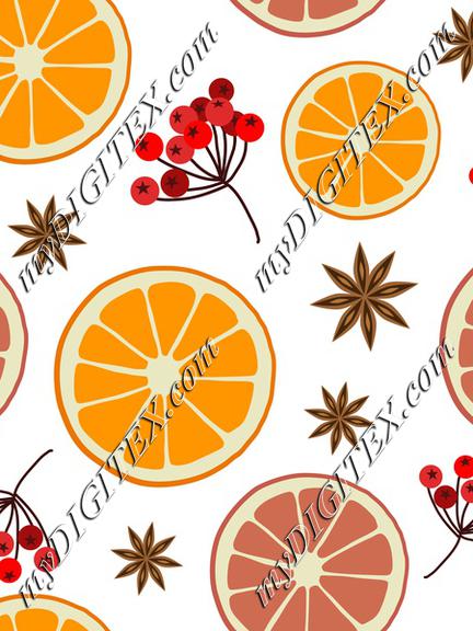 Winter Christmas Pattern with Oranges and Berries on White