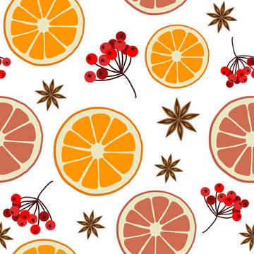 Winter Christmas Pattern with Oranges and Berries on White