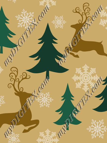 Golden Forest, Christmas New Year Reindeer and Trees