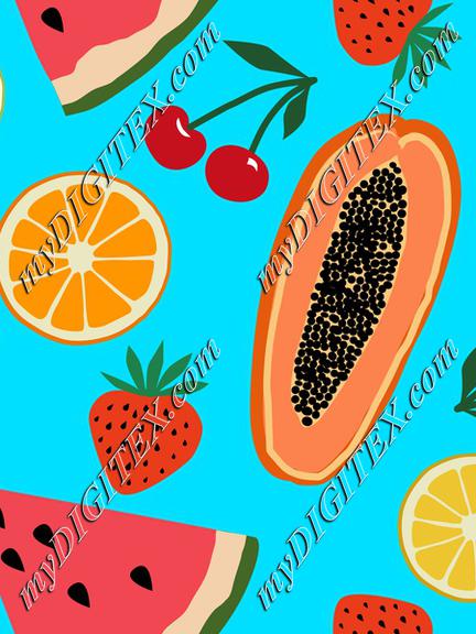 Fruits, papaya, strawberry, cherry, orange, lemon, watermelon on blue