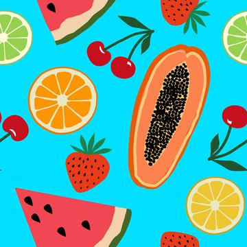 Fruits, papaya, strawberry, cherry, orange, lemon, watermelon on blue