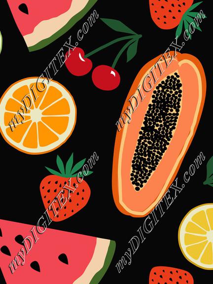 Fruits, papaya, strawberry, cherry, orange, lemon, watermelon on black