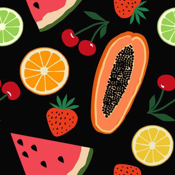 Fruits, papaya, strawberry, cherry, orange, lemon, watermelon on black