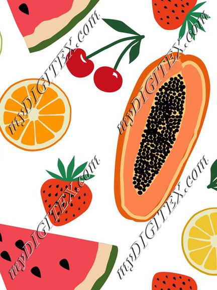 Fruits, papaya, strawberry, cherry, orange, lemon, watermelon on white